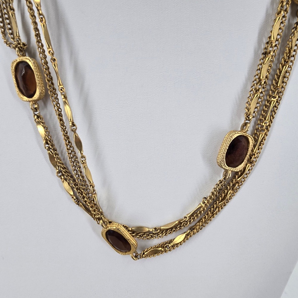 Sarah Coventry Vintage Necklace Gold Tone Multi Strand Amber Glass Stone - Picture 7 of 10